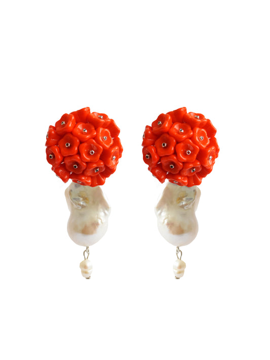 Red Blooming with pearl Earrings